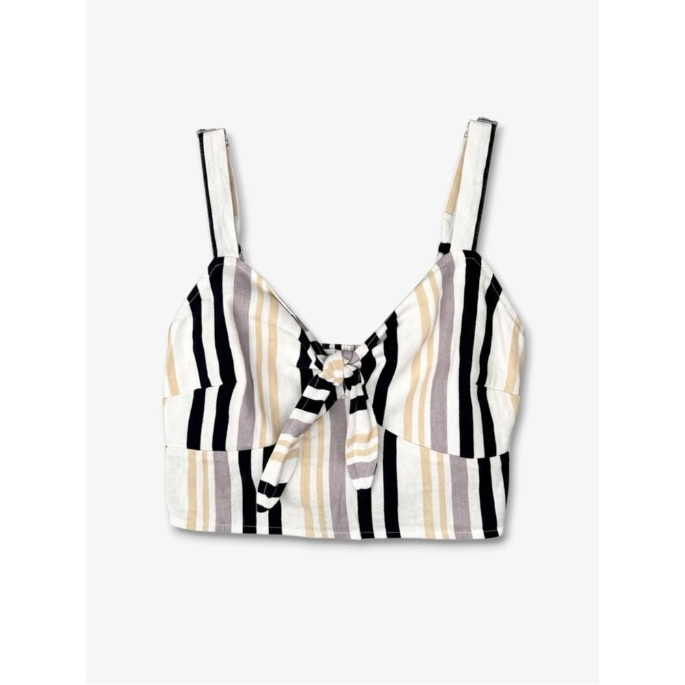 Hollister Tie Front Crop Top Striped Linen Blend Ivory Navy M Coastal Summer